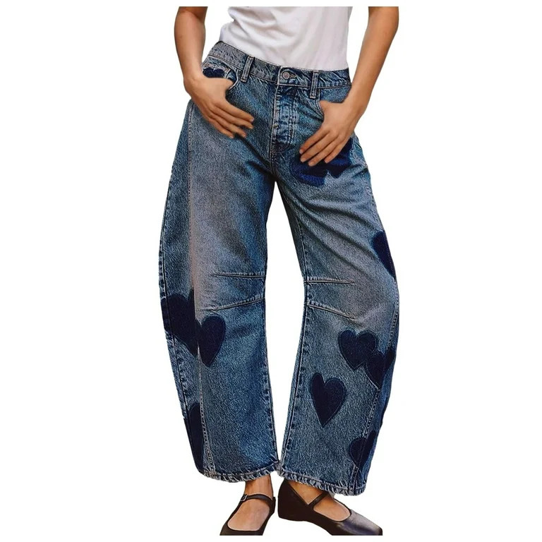 Wide Leg Pants for Women Ladies Mid Rise Heart Printed Denim Ankle Pant Vintage Baggy Barrel Jean... | Walmart (US)