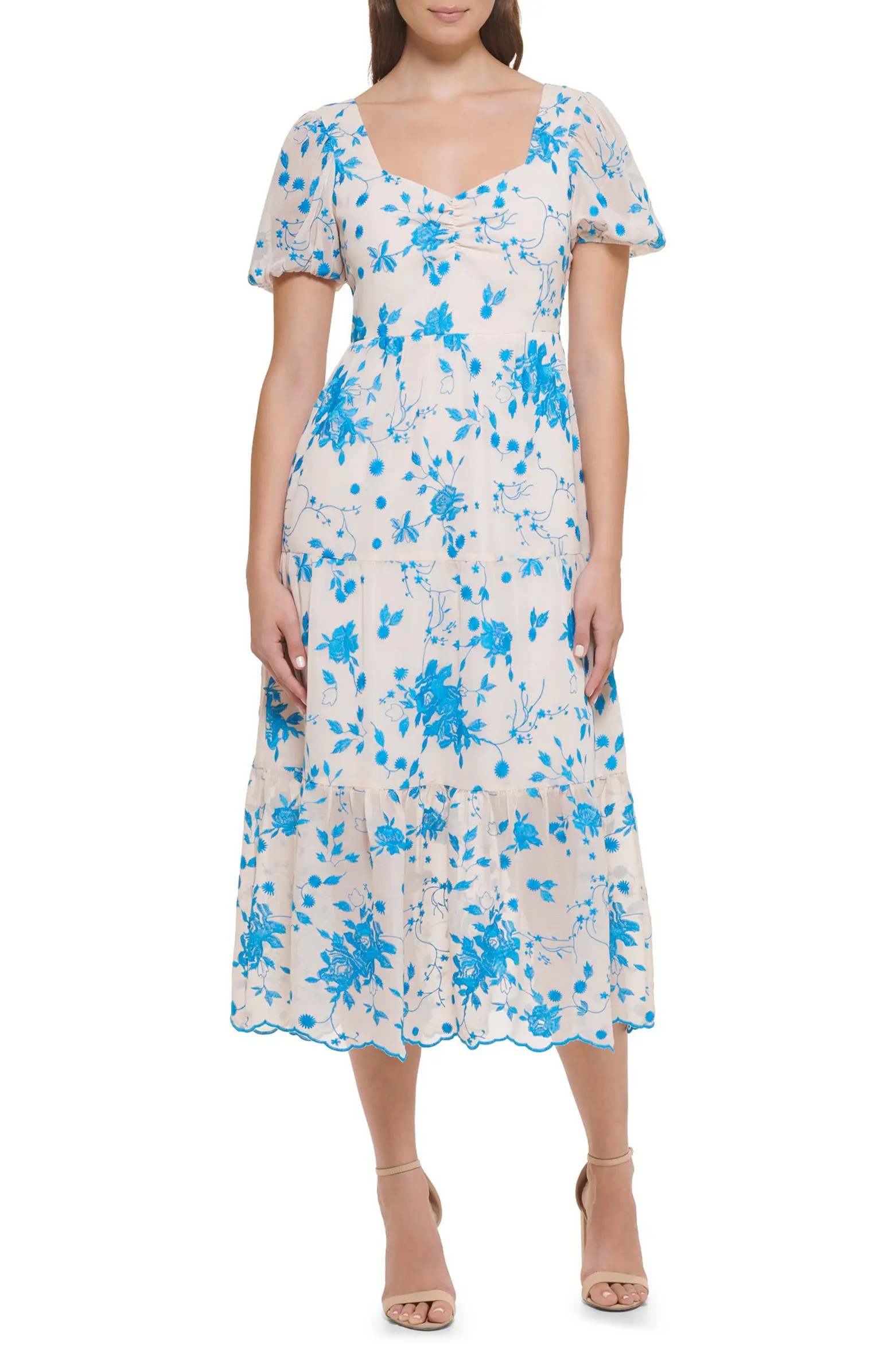 Floral Embroidered Puff Sleeve Chiffon Midi Dress | Nordstrom Rack