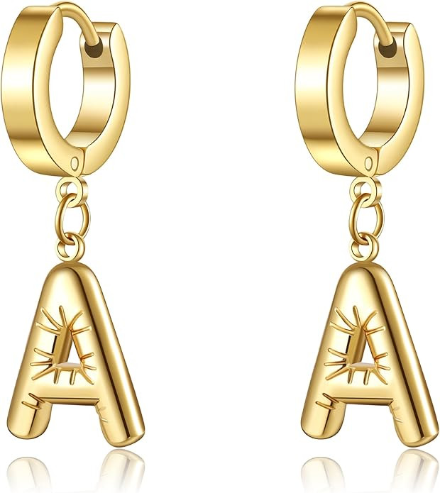 Bubble Letter Earring for Women,14K Gold Plated Dainty Balloon Initial Earring,Charm Puffy Name P... | Amazon (US)