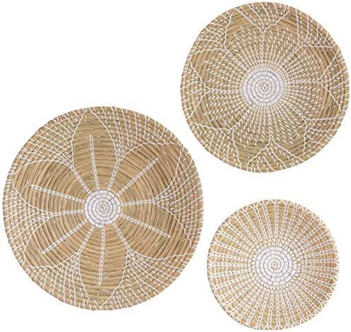 Artera Wicker Wall Basket Decor - Set of 3 Hanging Woven Seagrass Flat Baskets, Round Boho Wall B... | Amazon (US)