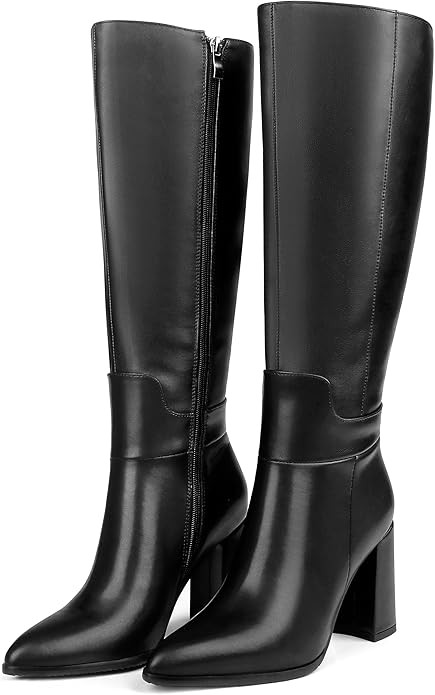 Dance&Style Women's Leather Boots Block Heels Shoes Fall Boots Knee High | Amazon (US)