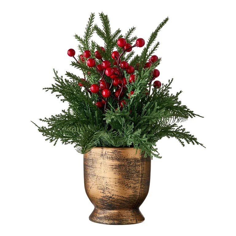 Berries and Pine Sprigs Arrangement Christmas Decoration, Red and Green, 12", by My Texas House | Walmart (US)