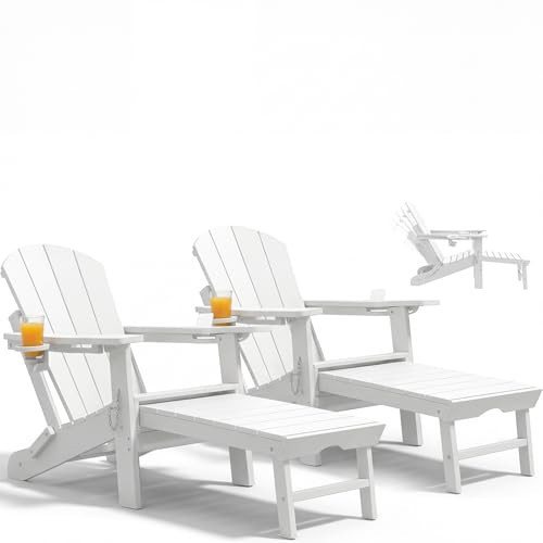 PASAMIC Folding Adirondack Chairs Set of 2 with Retractable Ottoman, 5-Position Adjustable Backrest, HDPE All-Weather Fire Pit Chairs with 2 Hidden Cup Holders, Wood-Look Outdoor Chairs (White) | Amazon (US)