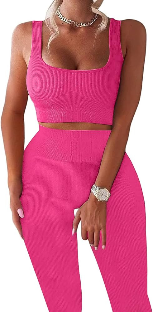 TWFRHC Women's Workout Sets Ribbed Tank 2 Piece Seamless High Waist Gym Outfit Yoga Shorts Sets | Amazon (US)