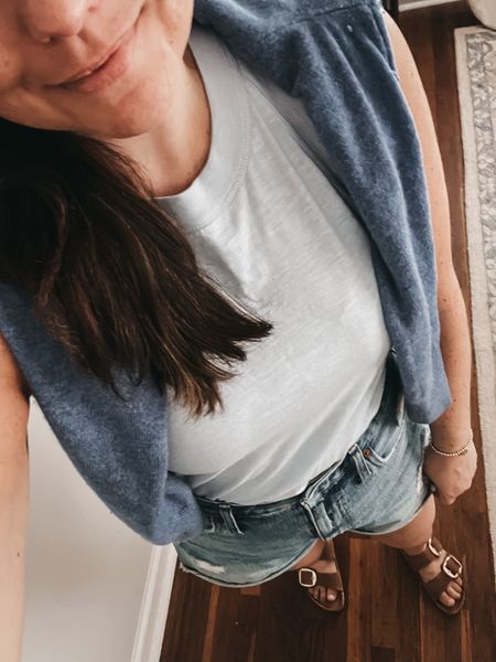 Blue sweater, blue tank and blue jean shorts. The perfect casual outfit for a summer cookout. 

#LTKMidsize #LTKStyleTip #LTKSeasonal