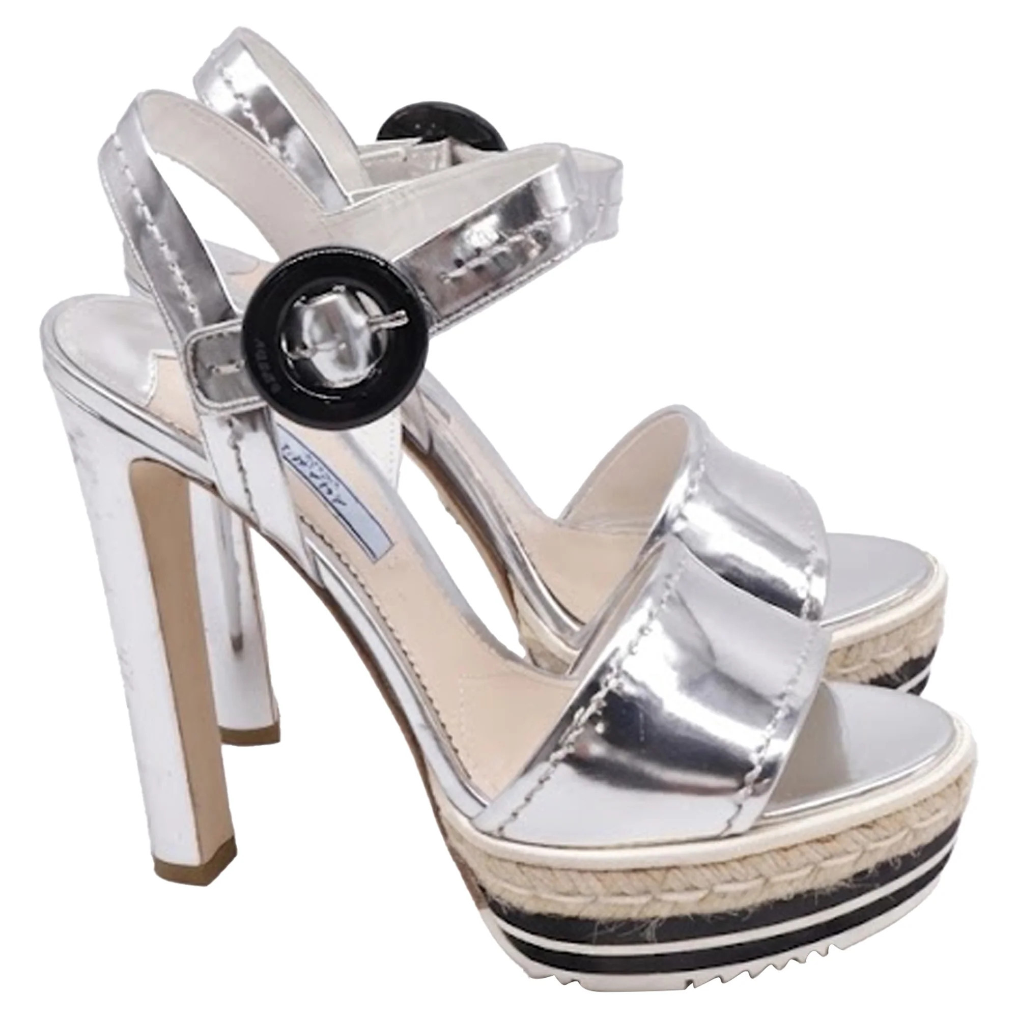 Prada Metallic Mirror Espadrille Platform Ankle Strap Sandals in Silver Leather | Shop Simon