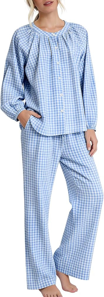 COZYPOIN Womens Gingham Pajama Set 2 Piece Cotton Plaid Button Down Puff Sleeve Shirt and Pants L... | Amazon (US)