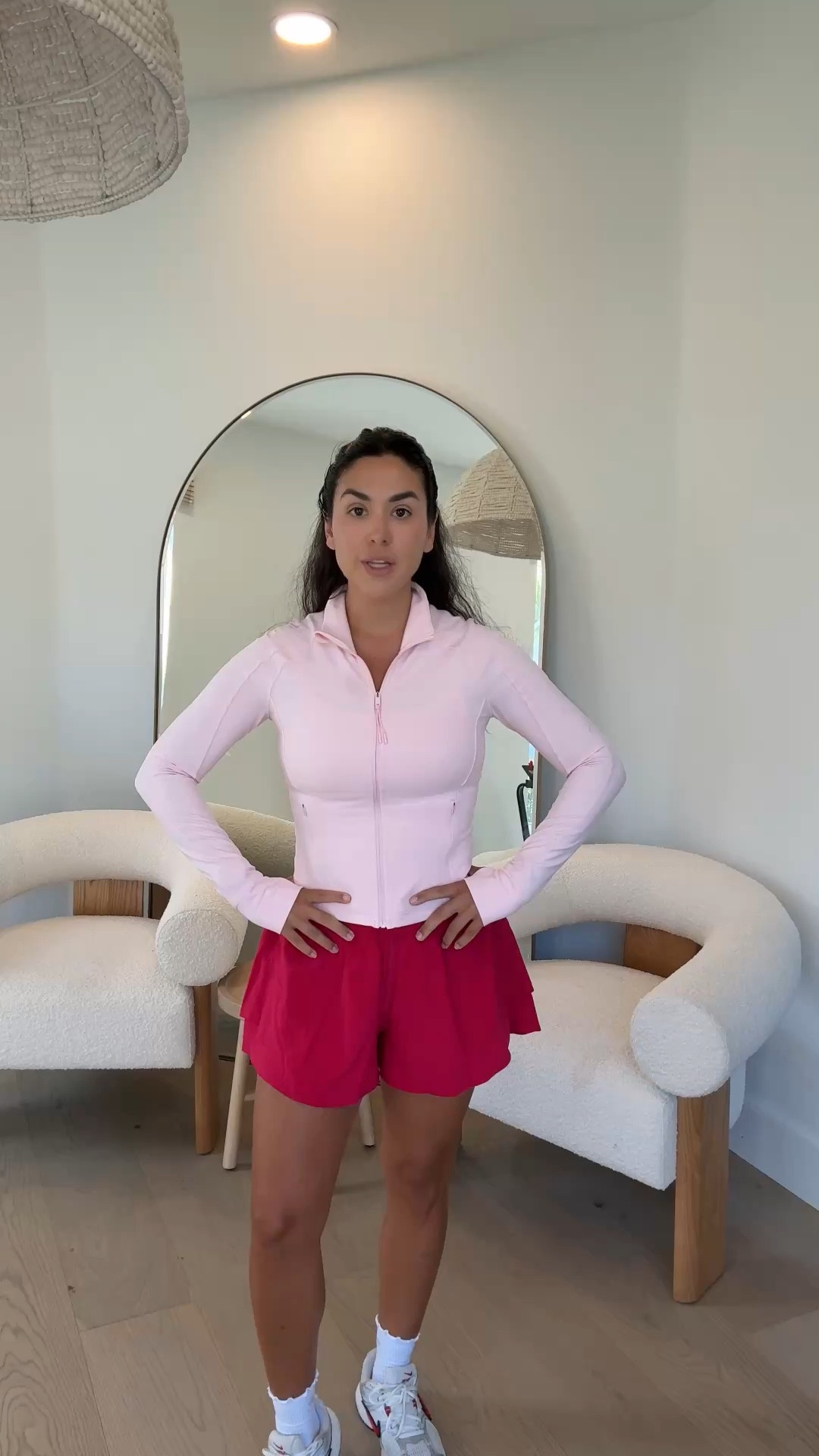 I did 8 in top bc I have larger chest- 34d. I did medium in shorts and small in jacket. I’m normally a small or medium depending on sizing. 