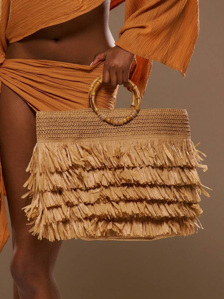 MUSERA Layered Straw Fringe Bamboo Top Handle Tote Beach Bag Spring Summer Beach Swim Festival Va... | SHEIN