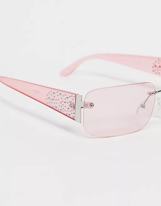 ASOS DESIGN rimless square sunglasses with embellished temple detail in pink | ASOS (Global)