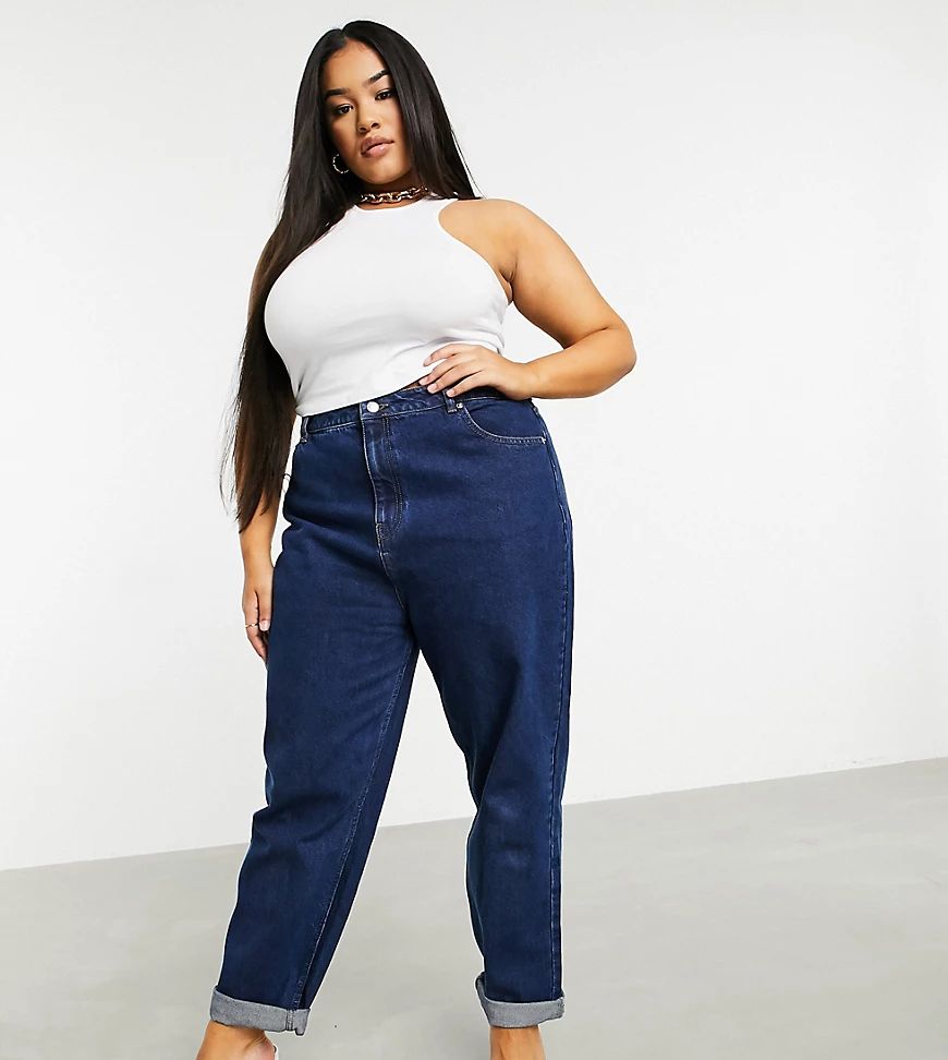 ASOS DESIGN Curve high rise original mom jeans in dark wash-Blues | ASOS (Global)