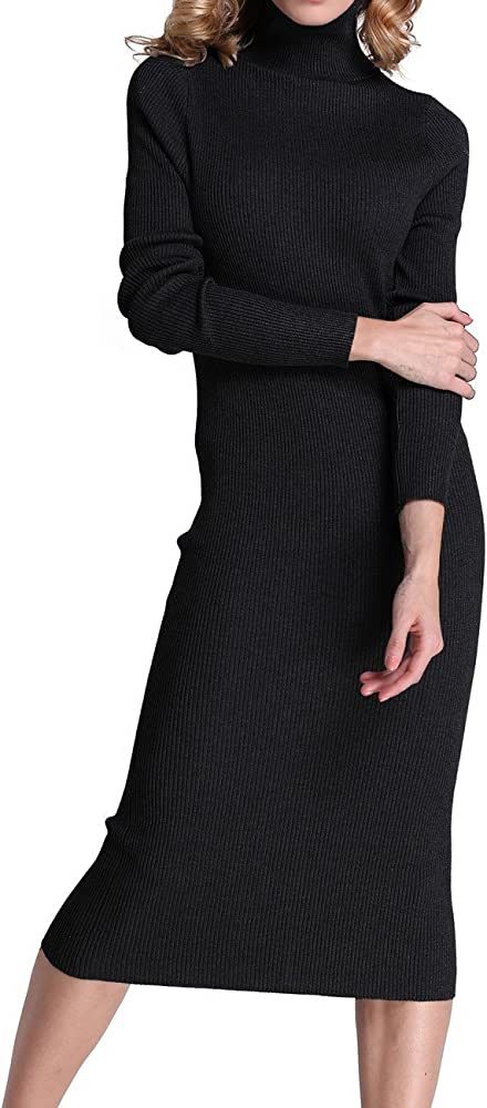 Rocorose Women's Turtleneck Ribbed Elbow Long Sleeve Knit Sweater Dress | Amazon (US)