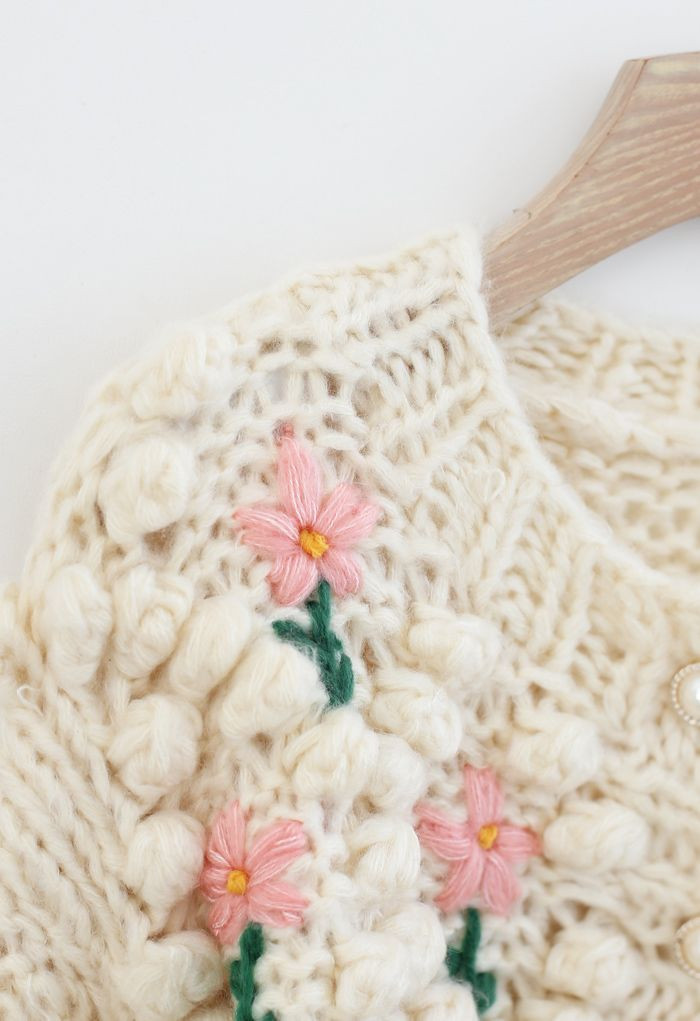 Stitch Floral Diamond Pom-Pom Hand Knit Cardigan | Chicwish