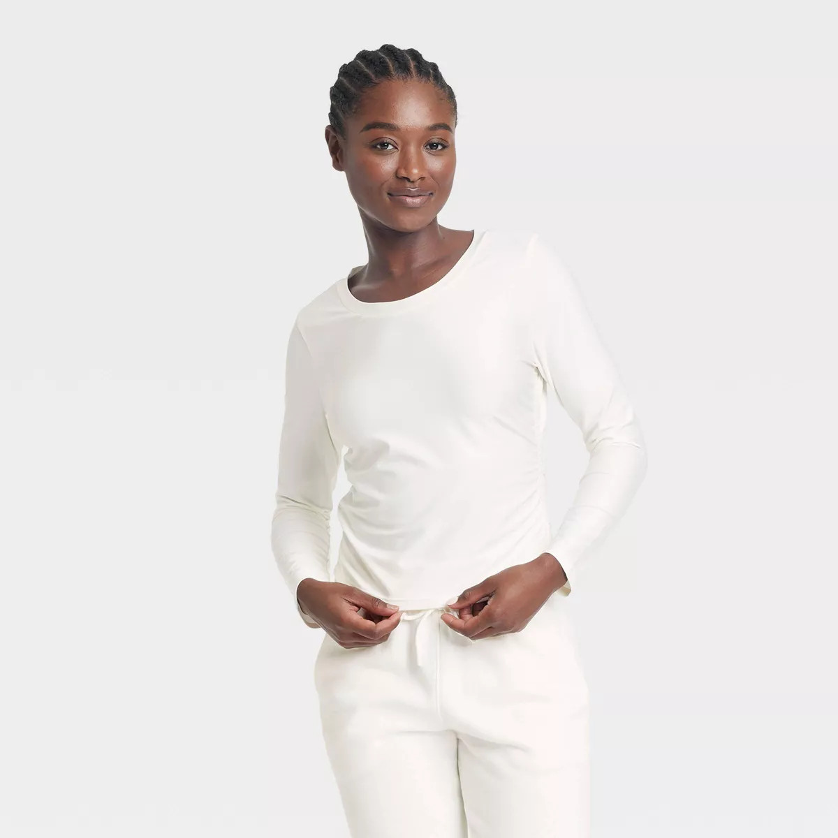 Women's Ribbed Side-Cinch Long Sleeve Top - All In Motion™ Cream S | Target