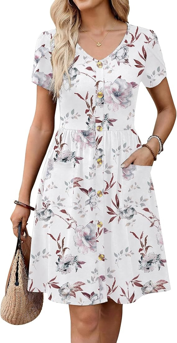 Zeagoo Womens Summer Dress Mini Petal Short Sleeve Dresses Pleated Button Down V Neck Floral Beac... | Amazon (US)