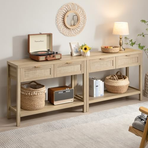 SICOTAS Console Table Set of 2 - Boho Entryway Table with Storage and Rattan Drawers, 2 Tier Shelf, Narrow Long Sofa Tables for Living Room, Natural Entry Table for Hallway, Foyer | Amazon (US)