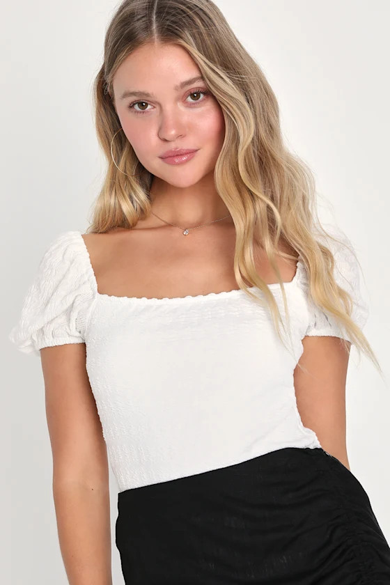 Cute Afternoons White Textured Short Puff Sleeve Bodysuit | Lulus (US)