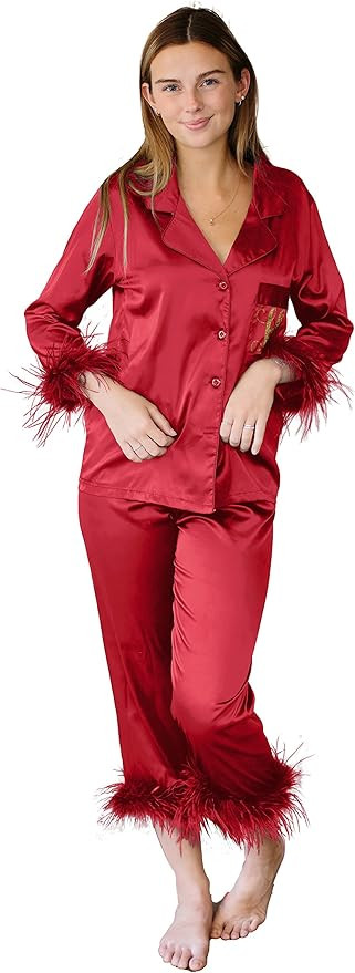 Belle's Design Women's Feather Trim Silk Satin Pajama Button Down Long Sleeve and Pants Set Sleep... | Amazon (US)
