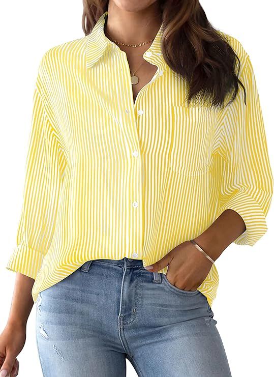 AISEW Womens Button Down Shirts Striped Classic Long Sleeve Collared Office Work Blouses Tops wit... | Amazon (US)