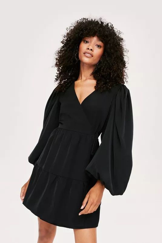 Oversized Puff Sleeve Mini Wrap Dress | Nasty Gal (US)