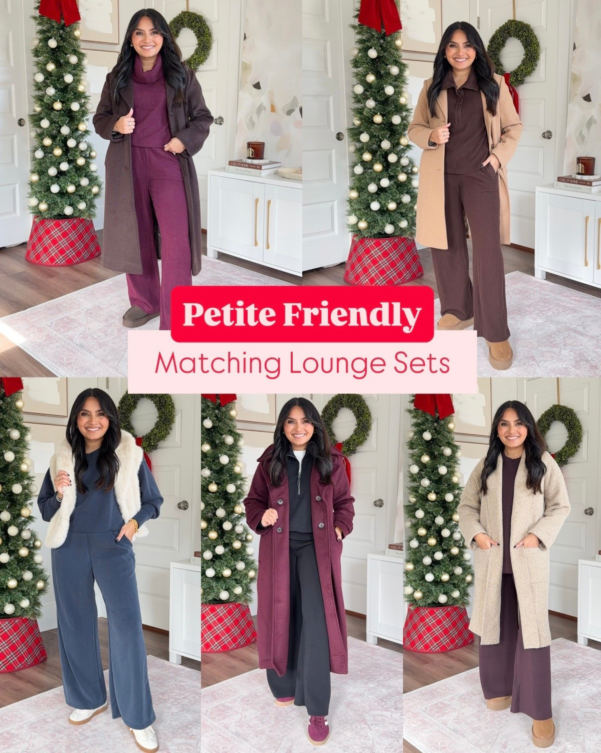 Petite friendly matching lounge sets!
For reference: I’m 5’0, 32b bra size, and 2/26 in bottoms, pear shaped. 
*Everything I share is unaltered! TTS means true to size. Between size 5-6.6 in shoes

Heather burgundy pullover size xxs TTS
Heather burgundy straight leg sweat pants size small petite TTS
Dark coffee brown coat size xs petite TTS
Dark brown slippers size 5 TTS

Brown waffle henley top size xs TTS
Brown waffle henley pants small TTS
Ugg platforms boots size 5 TTS
Camel coat size xs petite TTS


Navy cropped sweatshirt size small TTS
Navy wide leg pants in color navy size xs, 27” inseam TTS
Faux fur vest size xs petite TTS
Ecru mesh color sneakers size 6 TTS

Very Black half zip pullover size xs TTS
Very Black wide leg pants size xs petite TTS
Red wine burgundy coat size xs petite TTS
White tee size xs petite TTS
Shadow Red/ White/Chalk White size 6 TTS


Truffle brown tunic size xs TTS
Truffle brown wide leg pants size xs petite TTS
Ugg platforms boots size 5 TTS
Khaki oversized cardigan size small TTS


petite loungewear
petite cozy outfits
petite matching sets
petite travel outfit
petite airport outfit
winter loungewear
cozy matching sets
petite athleisure
comfy lounge set
petite casual outfits
winter travel outfits
everyday cozy style
petite errand outfits
petite capsule wardrobe
petite friendly outfits
Rachelmirandablog
Honeysweetpetite
Honey sweet petite
Black friday
Cyber weekend


#LTKPetite #LTKTravel #LTKSaleAlert