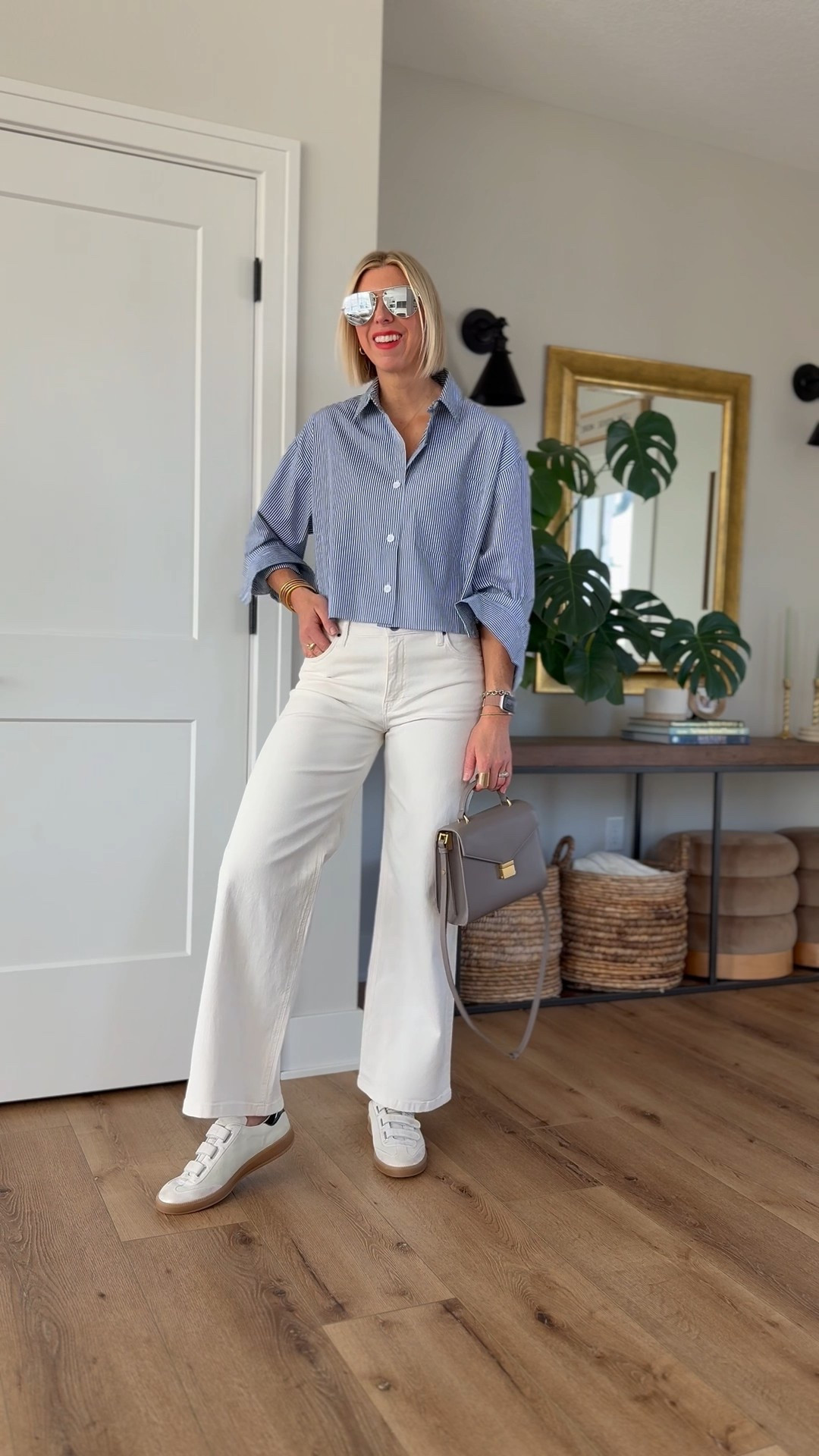 White jeans outfit Inspo with an effortless stripe button up shirt. These jeans have amazing stretch 👏🏻
Wearing my tts 28

#LTKOver40 #LTKStyleTip #LTKWatchNow