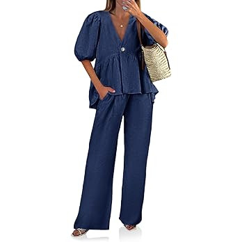 Tankaneo Womens 2 Piece Linen Sets Summer Vacation Outfits V Neck Puff Sleeve Babydoll Tops Wide ... | Amazon (US)
