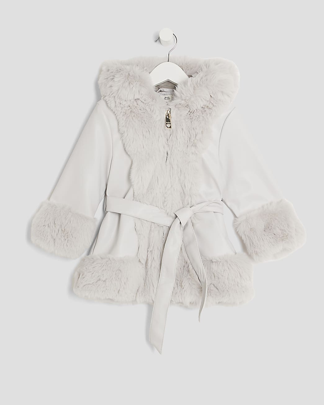 Mini Girls Grey Faux Fur Wrap Hooded Coat | River Island UK & IE