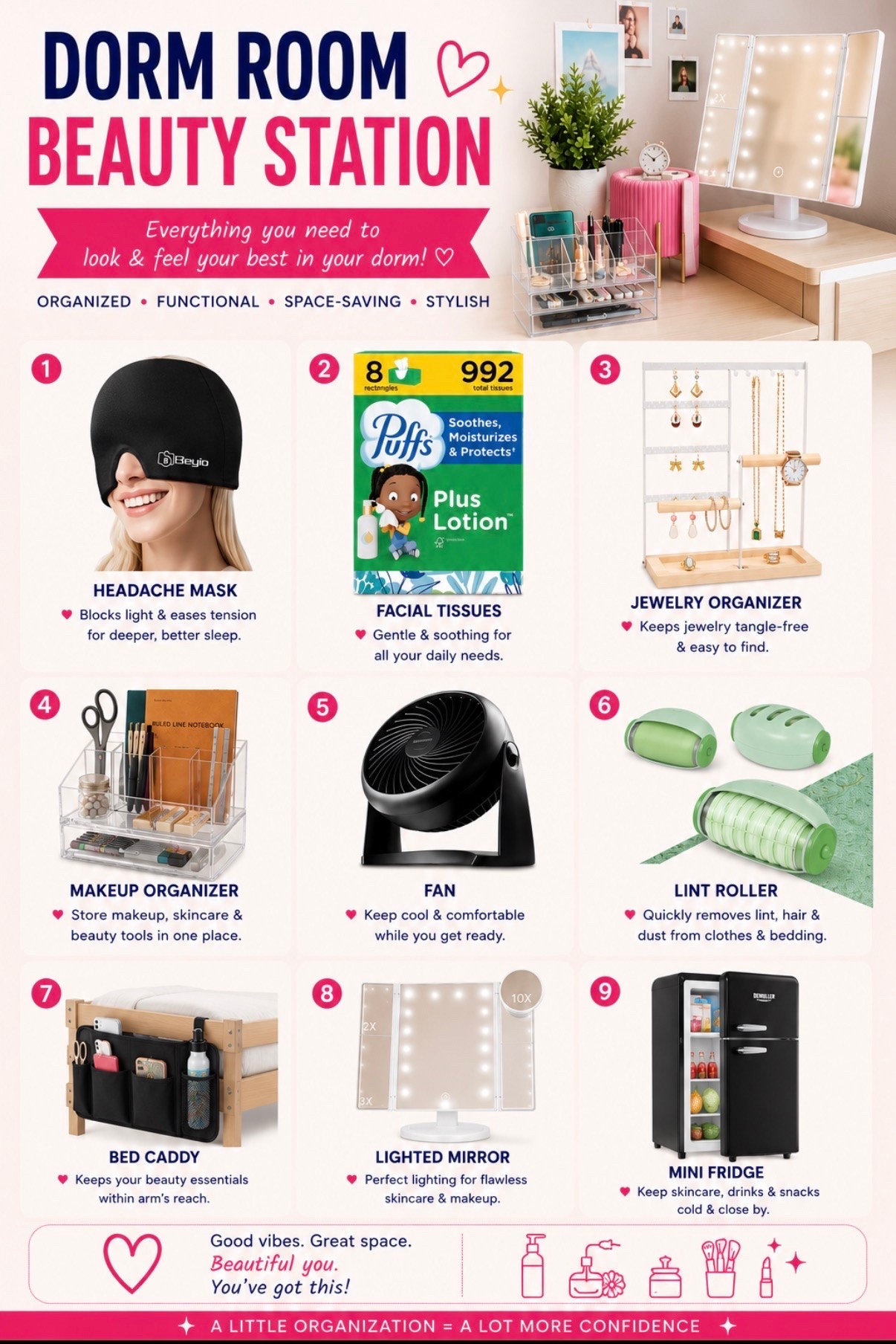 Your dorm room should be your favorite place to recharge. ✨ From a lighted makeup mirror and bedside caddy to a mini fridge, fan, lint roller, and cozy sleep essentials, these are the products that make getting ready easier and your space feel like home.

Whether you’re moving into your first dorm or upgrading your setup, these beauty station must-haves help you stay organized, comfortable, and confident all semester long. 💕 Save this for your dorm shopping checklist!

Hashtags:

#DormRoomEssentials #CollegeMustHaves #DormInspo #CollegeLife #DormDecor

#LTKU #LTKmomlife #LTKHome