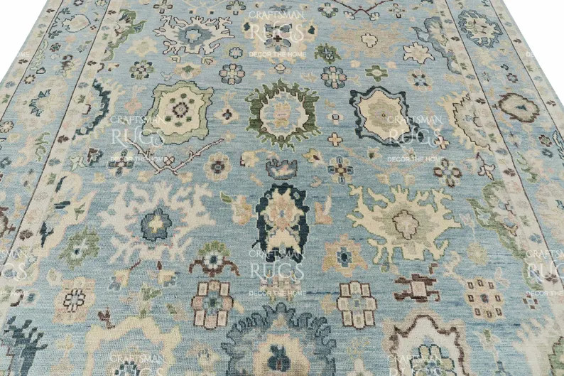 Sky Blue Hand-Knotted Oushak Rug – Traditional Turkish Design with Green & Cream Accents | Vint... | Etsy (US)