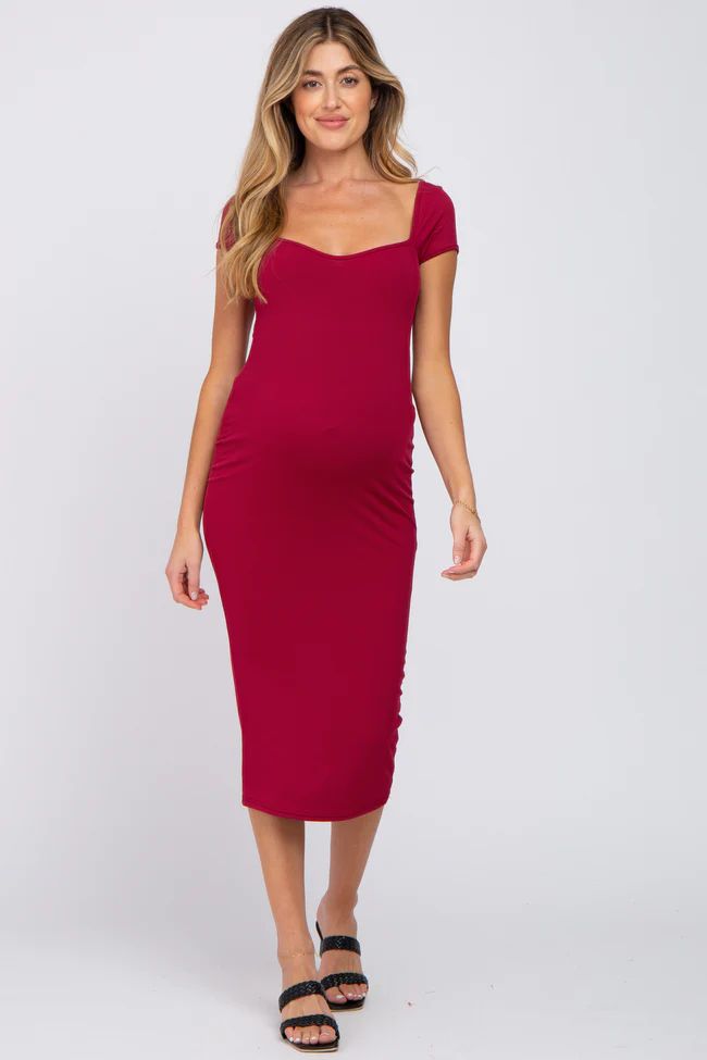 Burgundy Ribbed Sweetheart Neckline Maternity Fitted Dress | PinkBlush Maternity