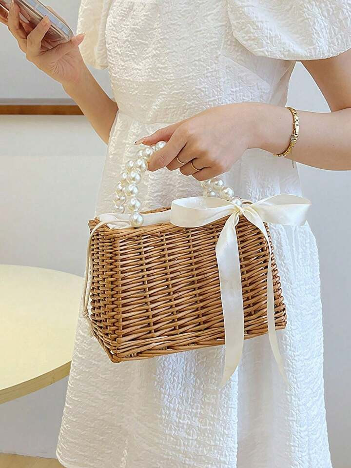 1pc Solid Color Woven Straw Bag With Knots, New Spring & Summer Countryside Vacation Style French... | SHEIN