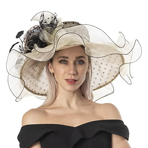 Women's Organza Church Hat Bridal Tea Party Wedding Tea Party Sun Hat with Detachable hat Flower as Headgear Beige | Amazon (US)