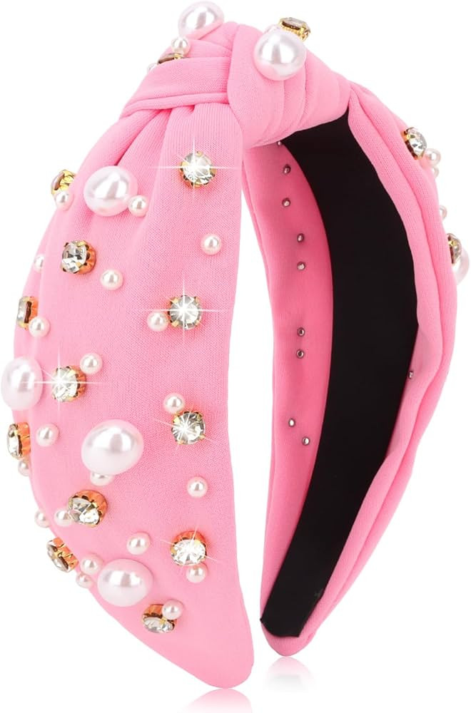 Pink Headband for Women Pearl Knotted Headband Sparkly Rhinestone Pearls Top Knotted Headbands Fa... | Amazon (US)