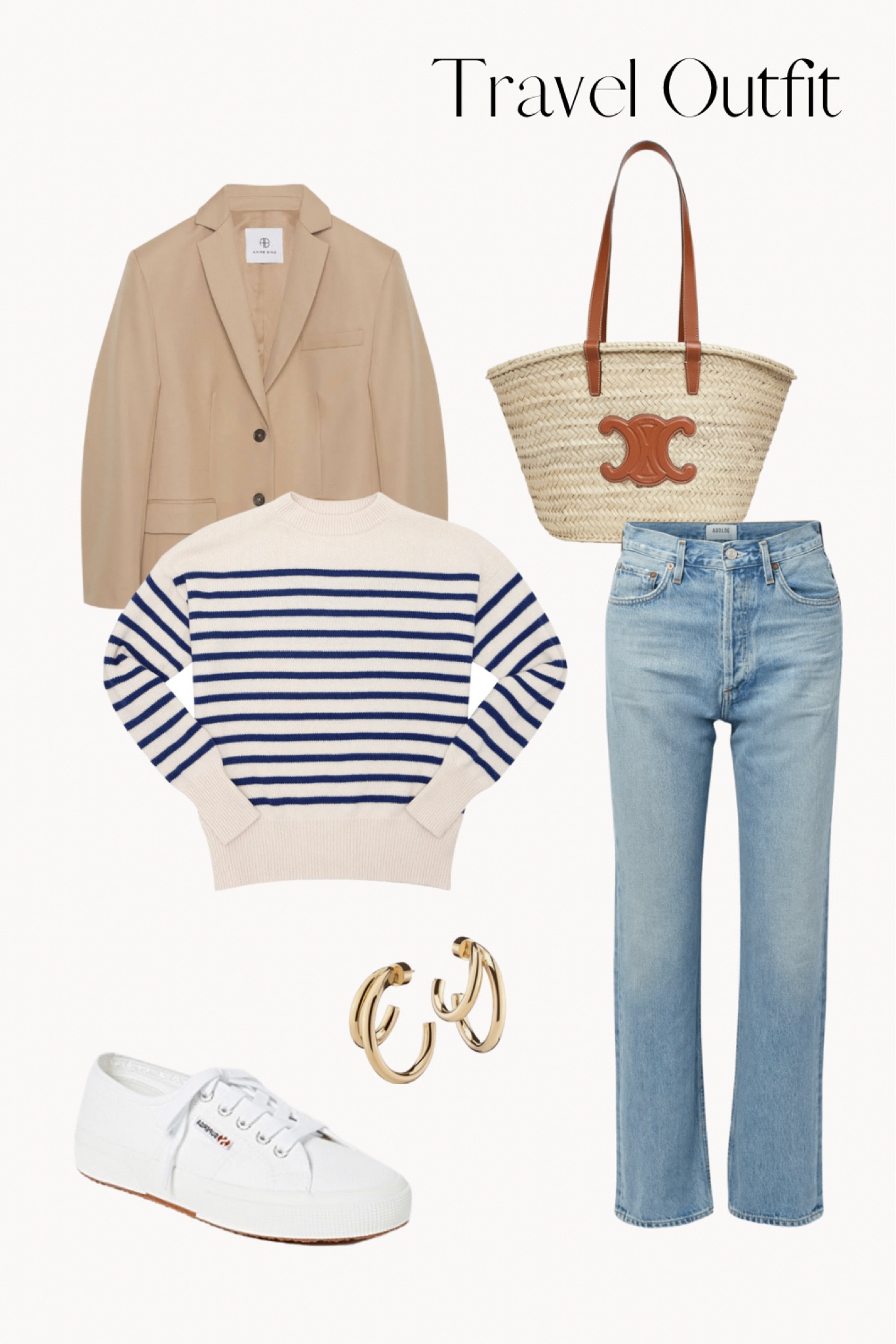 Travel Outfit Edit. Blazer, stripe sweater, straight leg denim, basket bag, white sneakers, hoop earrings, anine bing, Jennifer fisher, Celine, superga, #LTKSeasonal #LTKFind

#LTKtravel #LTKitbag #LTKstyletip