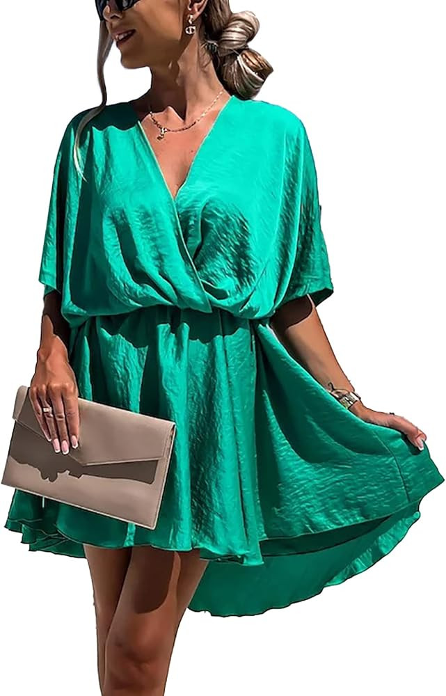 Yanfoam Women's Satin Sexy V Neck Short Dress Batwing Sleeve Boho Ruffle Dress Casual Loose Wrap ... | Amazon (US)