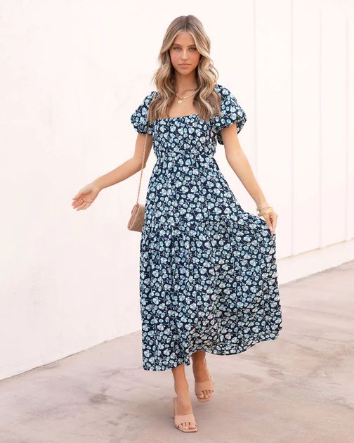 Picking Petals Floral Puff Sleeve Midi Dress - Navy | VICI Collection