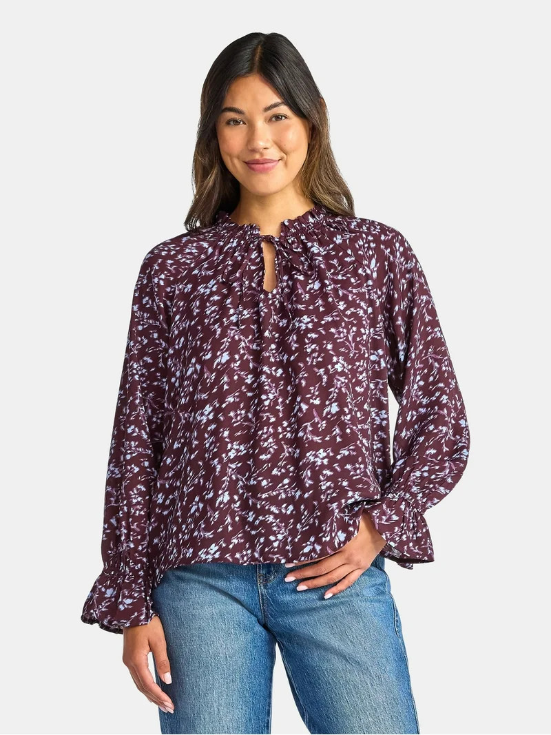 Time and Tru Women's Ruffle Neck Blouse with Long Sleeves, Size XS – XXXL | Walmart (US)