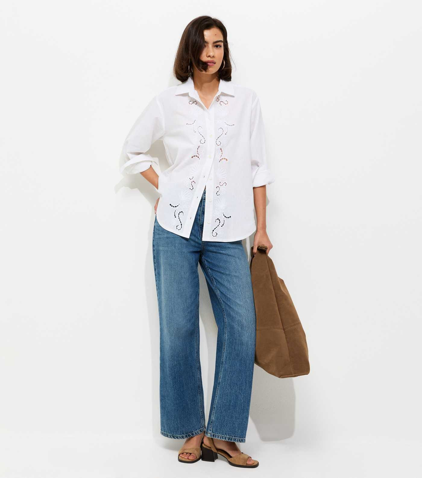 White Embroidered Cut Out Long Sleeve Shirt | New Look | New Look (UK)