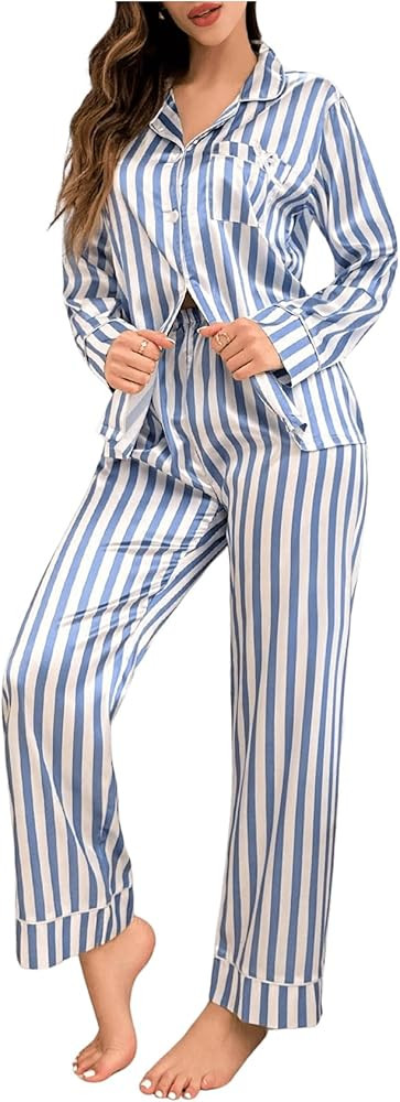 WDIRARA Women's 2 Piece Bowknot Print Satin Pajama Set Long Sleeve Button Down Lounge Pants Sleep... | Amazon (US)