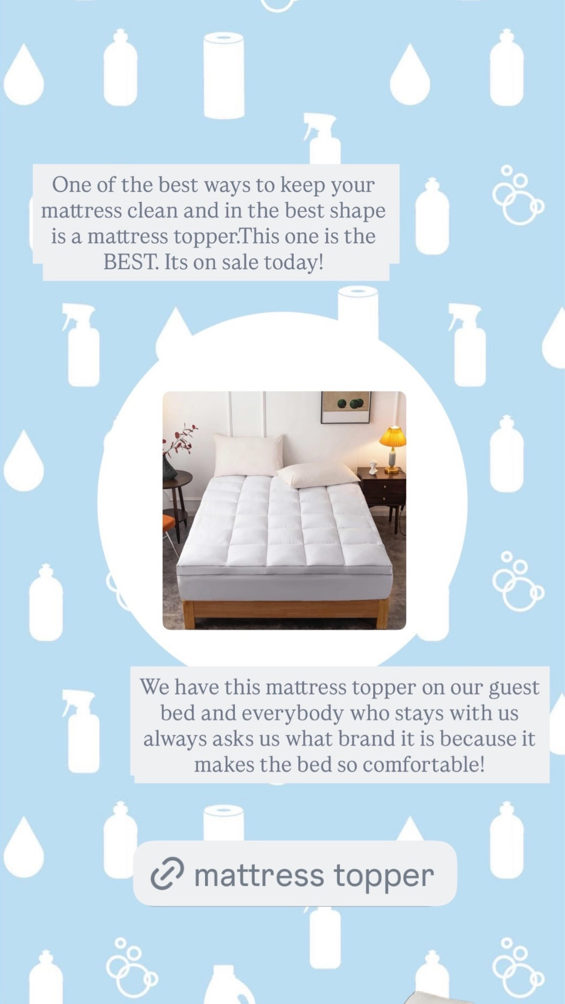 One of the best ways to keep your mattress clean and in the best shape is a mattress topper.This one is the
BEST. Its on sale today!
We have this mattress topper on our guest bed and everybody who stays with us always asks us what brand it is because it makes the bed so comfortable!

#LTKHome #LTKmomlife #LTKSaleAlert