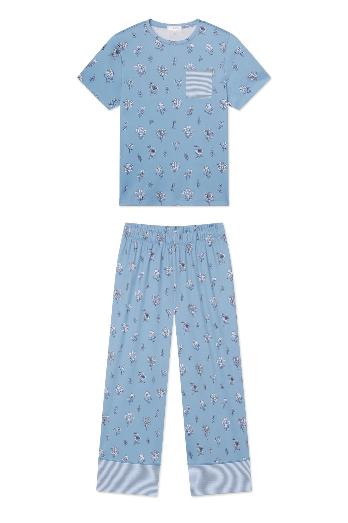 Pima Crew Wide Leg Pajama Set in Serene Blue Adeline Floral | Lake Pajamas