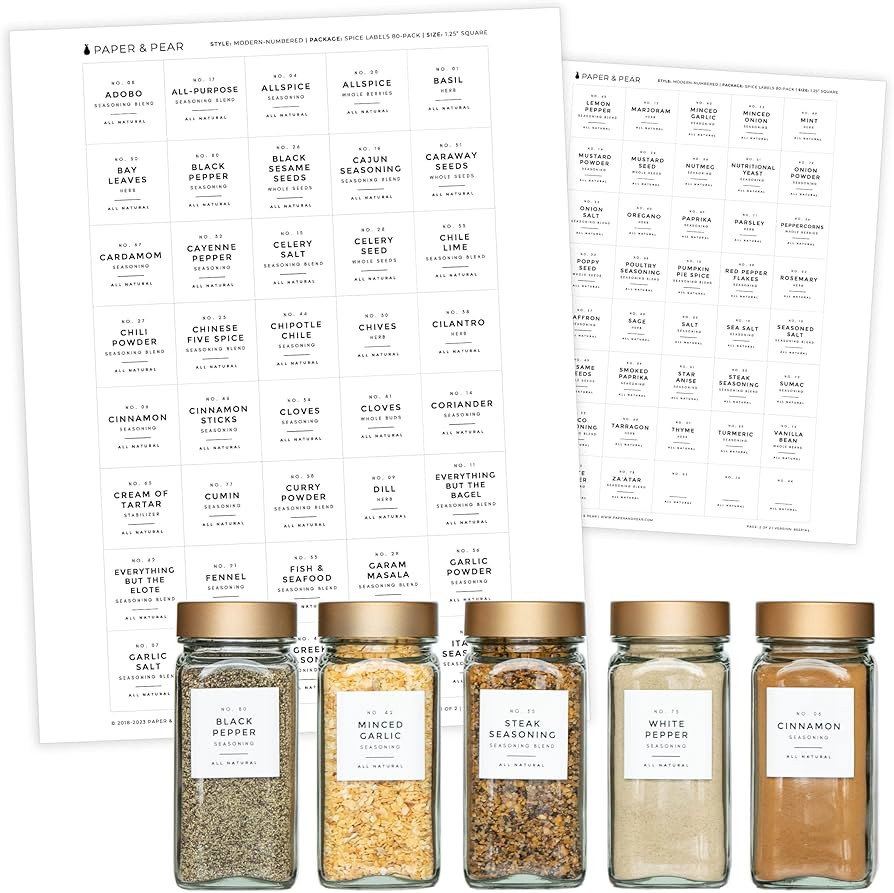 Modern-Numbered Spice Labels (no Jars) by Paper & Pear - Oil Resistant Kitchen Pantry Labels - 1.... | Amazon (US)