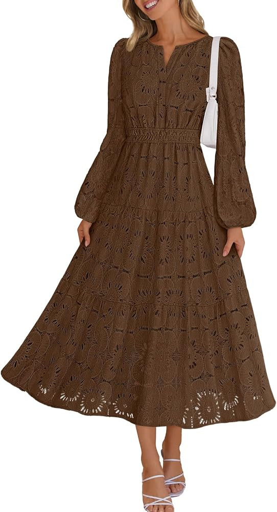 MEROKEETY Women's Fall Long Sleeve Floral Maxi Dress Lace Eyelet Hollow Out Tiered Boho Wedding G... | Amazon (US)