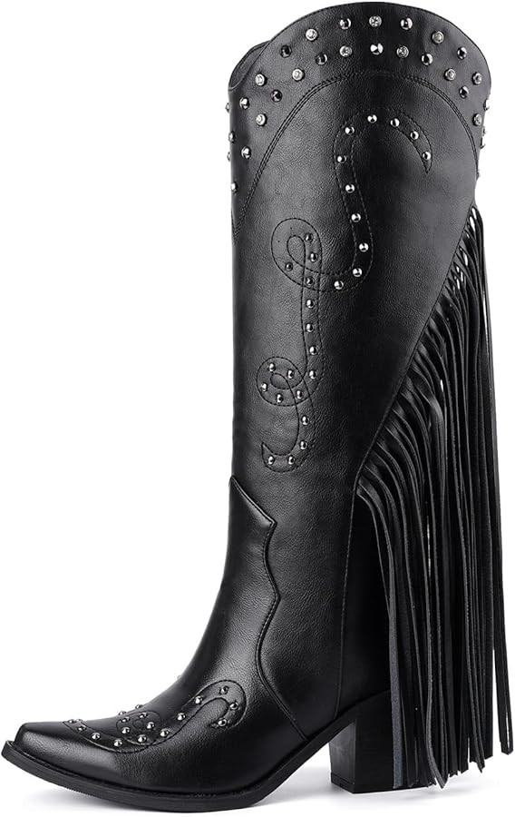 Cowboy Boots for Women Rivet Rhinestone Pointed Toe Fringe Cowgirl Boots Comfortable Chunky Heel ... | Amazon (US)
