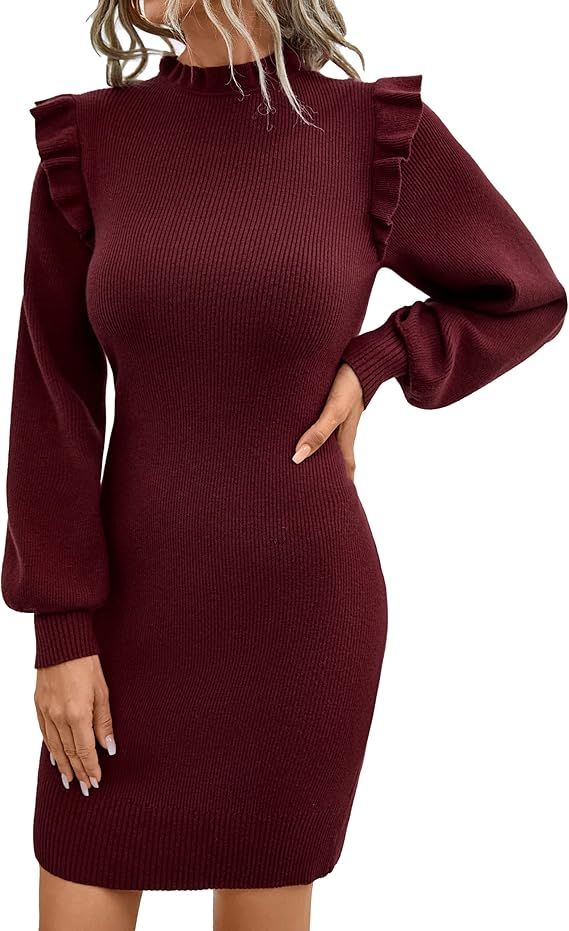 Amazon.com: Blooming Jelly Women's Mini Sweater Dress Mock Neck Ruffle Long Puff Sleeve Ribbed Se... | Amazon (US)
