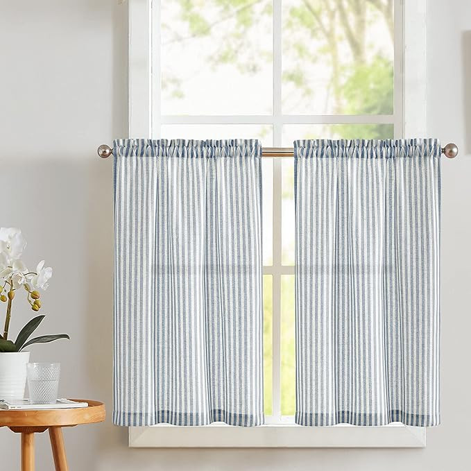 Vangao Stripe Farmhouse Kitchen Curtains 24 Inch Length Linen Blend Cafe Curtains Tickingstripe T... | Amazon (US)