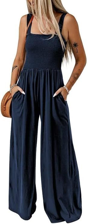 Women's Jumpsuits Casual Loose Overalls One Piece Sleeveless Wide Leg Long Pant Rompers With Pock... | Amazon (US)
