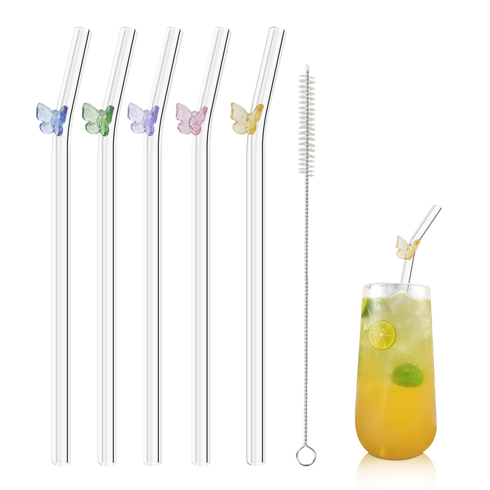 5 Pcs Reusable Straws Clear Glass Straws Colorful Butterfly Design Size 7.8" x 8mm with 1 Cleanin... | Amazon (US)