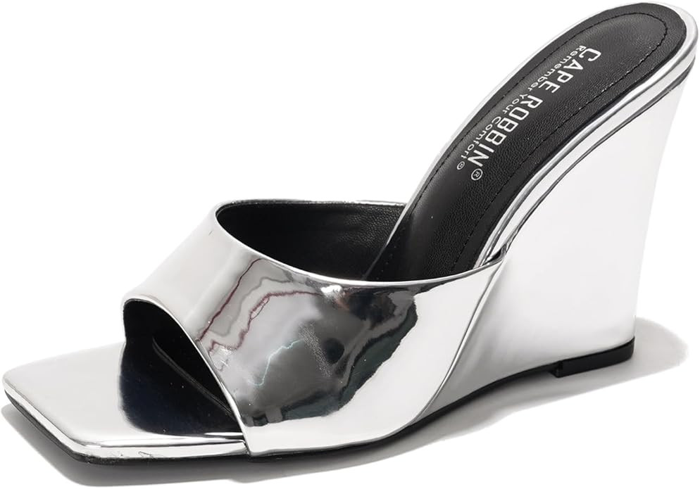 Cape Robbin Women's Metallic Slip-On Wedge Heels with Square Toe - 3.75 Inch Chunky Block Heels f... | Amazon (US)